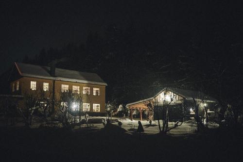 a couple of buildings at night with lights at Blickinsfreie - Cabin in Schöneck