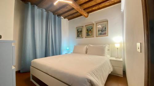 a bedroom with a white bed and a blue curtain at Chiasso degli Armati in Florence