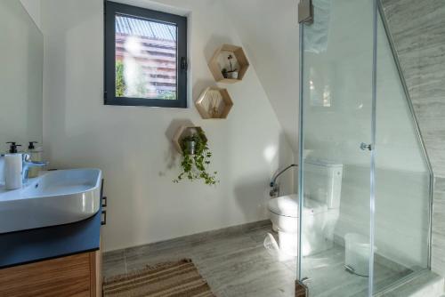 a bathroom with a toilet and a glass shower at Kežman Mountain Houses in Kopaonik