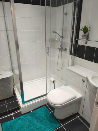 a bathroom with a shower and a toilet and a sink at Sunrise View - Beachfront Apartment, Weymouth in Weymouth