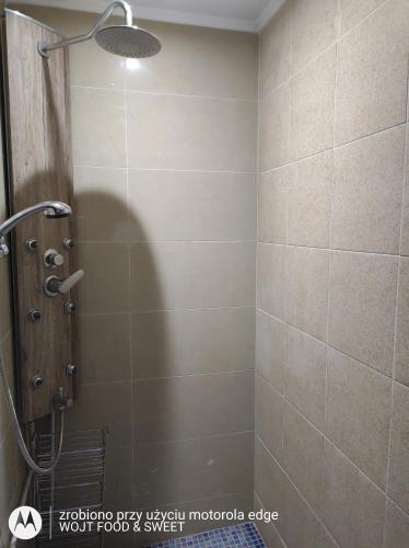 La salle de bains est pourvue d'une douche et d'un mur carrelé. dans l'établissement Apartament "Good Night", à Nowy Dwór Gdański