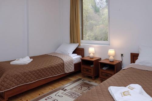 two beds in a room with two lamps on tables at Семеен хотел Орфей in Teshel