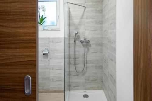 um chuveiro com uma porta de vidro ao lado de um WC em Gostilna Pugelj em Novo Mesto
