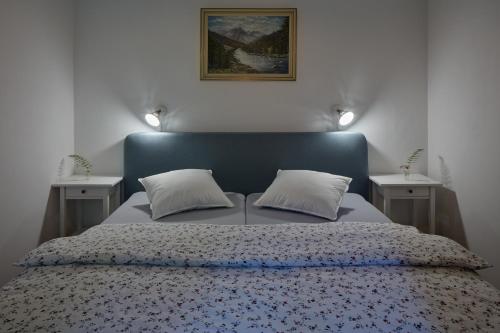 a bedroom with a blue bed with two pillows at Casa Sauris in Sauris