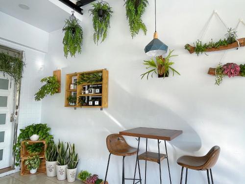 a table and chairs against a white wall with plants at Pomelo Homestay in Houli