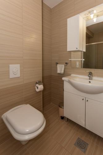 a bathroom with a white toilet and a sink at Holiday Home in Komarna