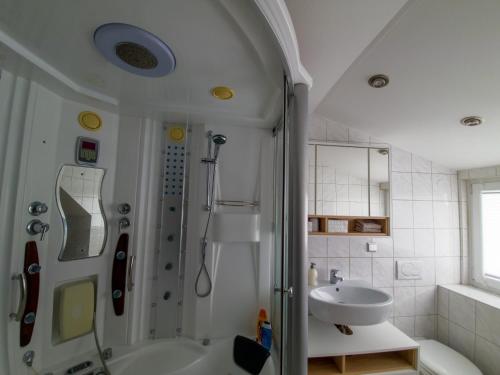 a bathroom with a shower and a sink at Wohnung mit einer Sauna direkt am Park in Wiesbaden
