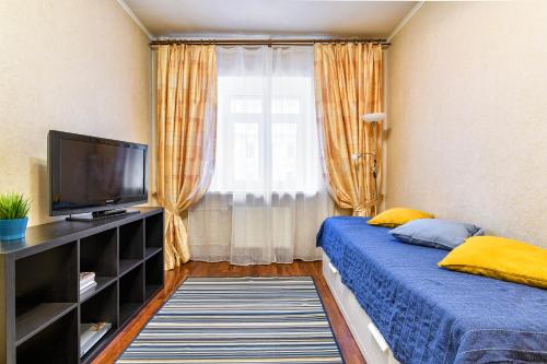 a bedroom with a bed and a tv and a window at Mytninskaya 2.1 in Saint Petersburg