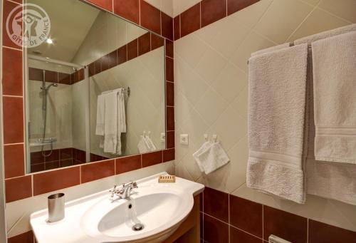 a bathroom with a sink and a mirror and towels at Chambres d'Hôtes Ondine et Igor in Saint-Marcellin-en-Forez