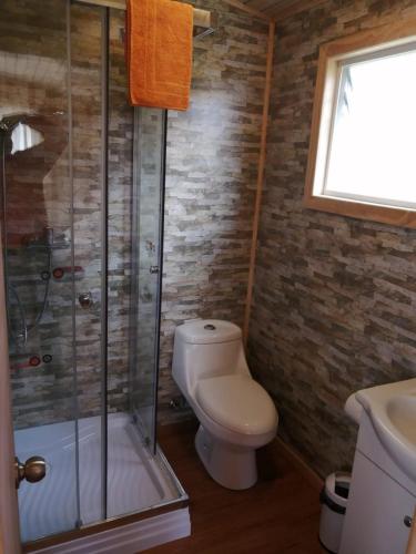 a bathroom with a toilet and a glass shower at Cabañas Kompatzki in Ancud