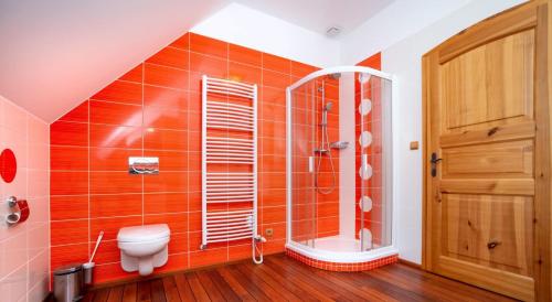 an orange bathroom with a shower and a toilet at Statek Kopanina in Kopanina