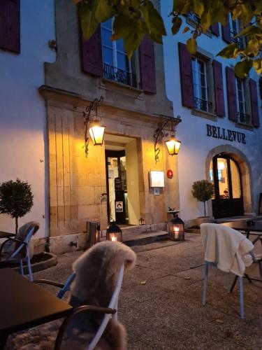 a cat sitting in a chair in front of a building at Hôtel Restaurant Bellevue in Onnens