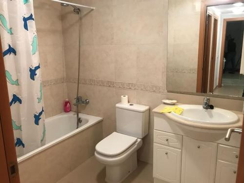 y baño con aseo, lavabo y espejo. en Acogedor apartamento a 200m del mar, en Lloret de Mar