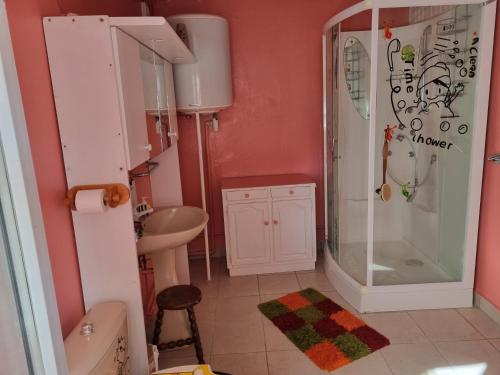 a bathroom with a shower and a toilet and a sink at Petite maison in Vendat