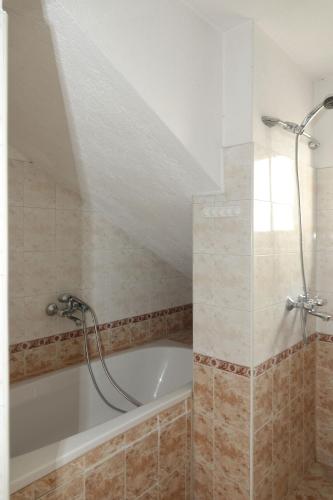 a bathroom with a shower and a bath tub at Семеен хотел Орфей in Teshel