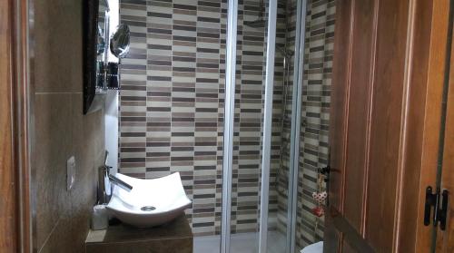 a bathroom with a sink and a glass shower at La Casa del Telar in Valverde del Fresno