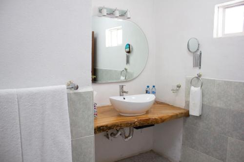 a bathroom with a white sink and a mirror at Finca del Rocio in Parras de la Fuente