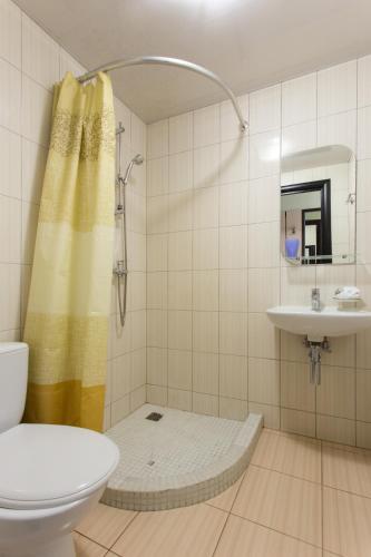 a bathroom with a shower and a toilet and a sink at Hotel Voyage in Kharkiv