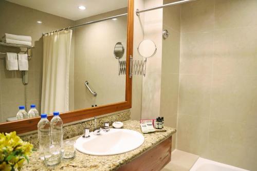 y baño con lavabo, ducha y espejo. en Hotel Palace Guayaquil, en Guayaquil