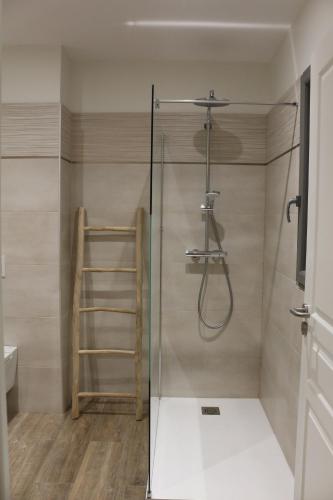 a bathroom with a shower with a glass door at VILLA MADY Adultes Only in Andernos-les-Bains