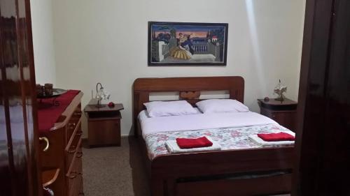 um quarto com uma cama com duas almofadas vermelhas em Vila Garden View em Korçë