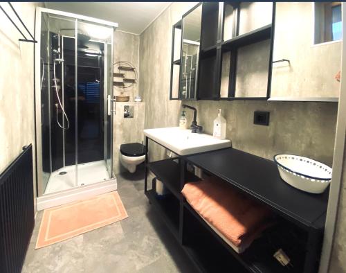 een badkamer met een wastafel en een douche bij Cosy Harbour Apartment in Reykjavík