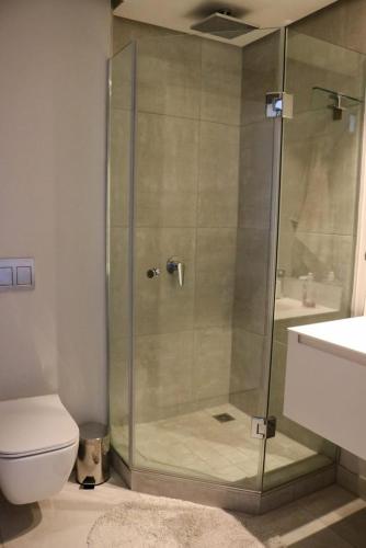 a bathroom with a shower with a toilet and a sink at 2218 at 16 on Bree in Cape Town