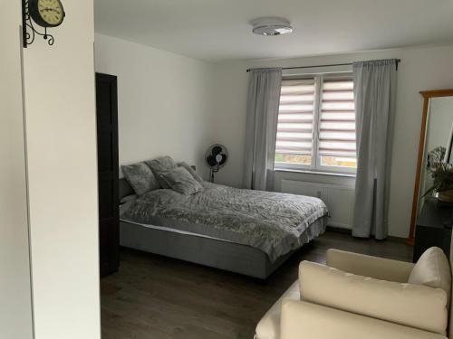 sypialnia z łóżkiem, oknem i kanapą w obiekcie Wohnung am Phönixsee w Dortmundzie