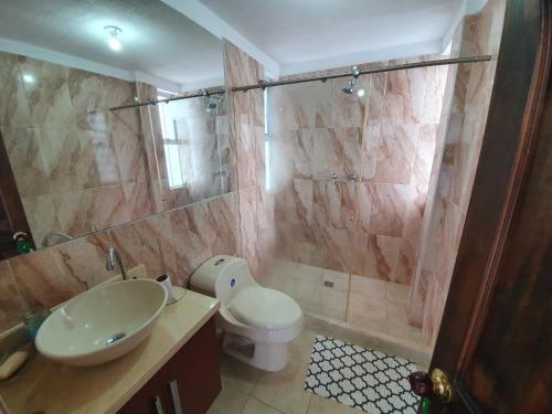 a bathroom with a sink and a toilet and a shower at Finca Prometeo - Lago Calima in Calimita