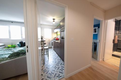 a room with a kitchen and a living room at Le petit Panam - Appartement privé de 45 m2 - 2 à 4 personnes - Parking privé in Metz