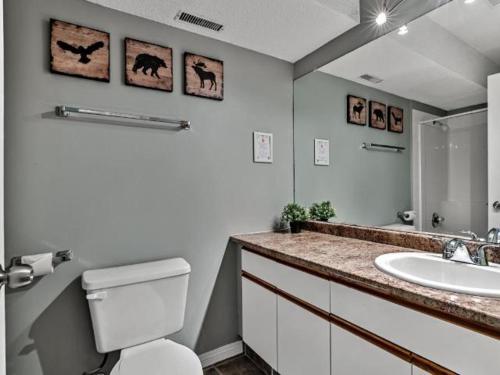 W łazience znajduje się umywalka, toaleta i lustro. w obiekcie **NEW** Cozy Rocky Mountain Chalet with Park Pass w mieście Canmore