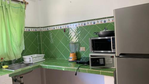 kuchnia z zielonym, kafelkowym blatem i kuchenką mikrofalową w obiekcie Suites Fenicia w mieście Playa del Carmen