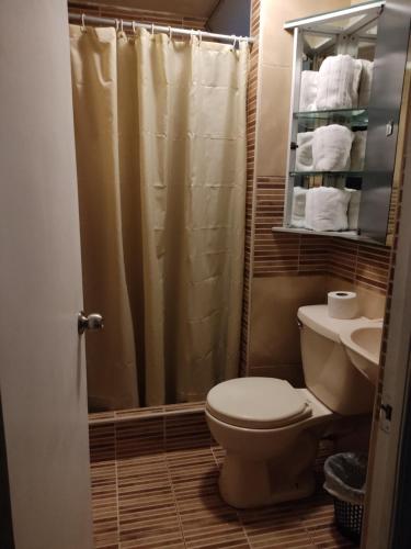 a bathroom with a toilet and a shower at Arena Costa Lima rooms Peru in Lima
