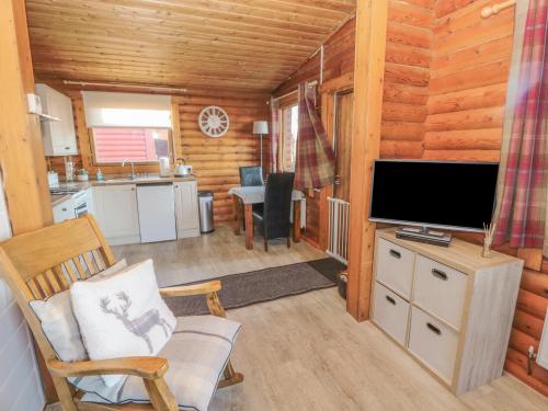 a living room with a television in a log cabin at Ingram in Morpeth