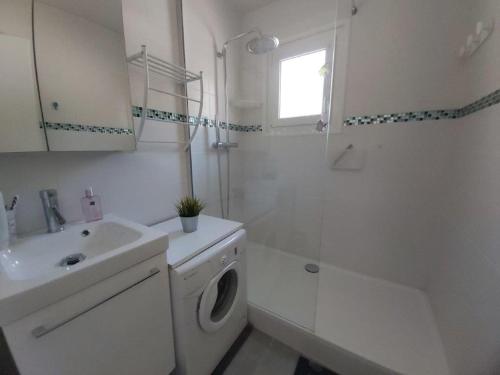 y baño blanco con lavabo y lavadora. en Appartement T2 Six Fours Cap Negre,1 mn à pied de la mer en Six-Fours-les-Plages