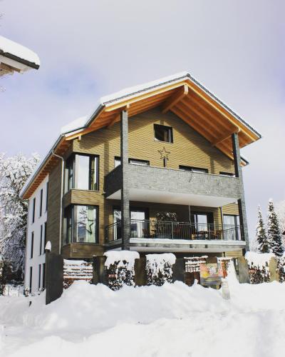 a large house with snow on the ground at INVITA Natur-Chalets Penthouse - Familienurlaub im Schwarzwald - 240qm in Bad Dürrheim