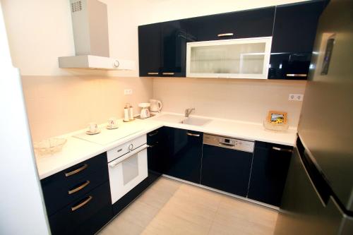 a small kitchen with black cabinets and white counters at Apartments Nakir in Slatine