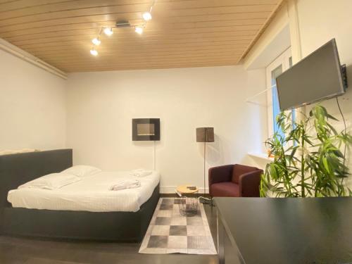 a room with a bed and a couch and a tv at B&B Guest House Du Lac in Montreux