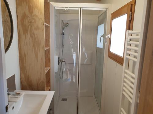 a bathroom with a shower and a sink at Camping du Lac de Saujon in Saujon