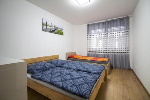 een slaapkamer met 2 bedden en een raam bij Apartman Adam in Veľký Slavkov