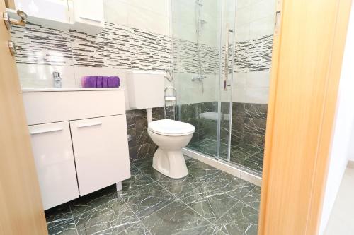 a white bathroom with a toilet and a shower at Holiday Home Adriatic View in Prizba
