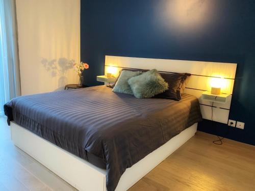 een slaapkamer met een groot bed met 2 lampen bij La Légende, 2 pièces avec parking privé gratuit près du lac in Annecy