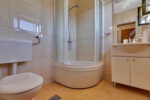 a bathroom with a shower and a toilet and a sink at Villa Marta in Tucepi, private pool in Tučepi