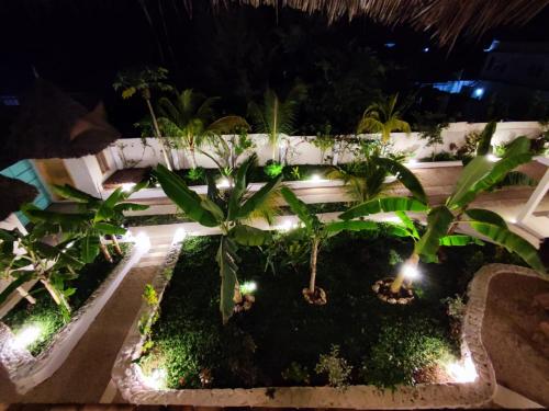 an outdoor garden with palm trees and lights at night at Zanzibar Tropical Sunset Boutique Hotel - Adults Only in Kiwengwa