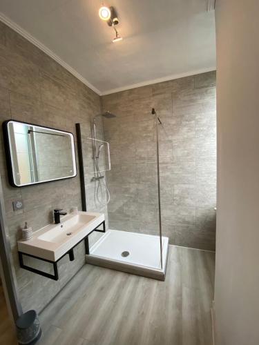 une salle de bain avec un lavabo et une douche dans l'établissement La Marelle Maison d hôtes à 500m du Canal du Midi, à Laredorte