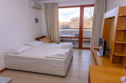 um quarto de hotel com uma cama e uma televisão em СПА Апартаменти за ГОСТИ Затворен комплекс ЕМЕРАЛД em Ravda