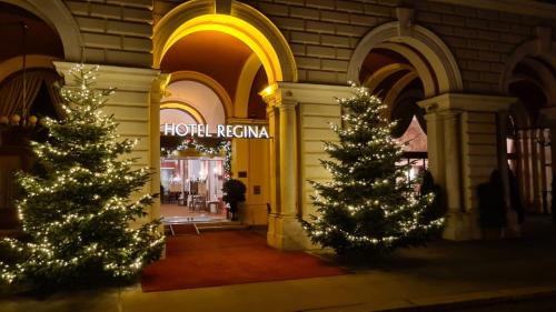 two christmas trees in front of a store at Hotel Regina in Vienna
