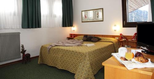 a hotel room with two beds and a television at Hotel Nigritella in Selva di Cadore