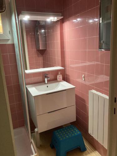 La salle de bains est pourvue d'un lavabo, d'un miroir et d'un tabouret. dans l'établissement 10 à 12 pers FAMILLE Amateurs randonnée Boulouris Panorama Saint Raphael Tennis Piscine partagé, à Saint-Raphaël