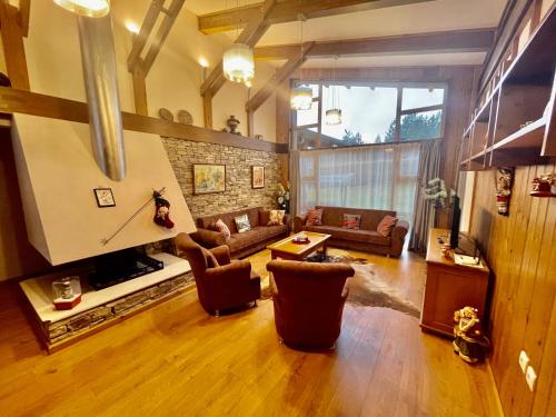 ein Wohnzimmer mit einem Sofa und einem Kamin in der Unterkunft Pirin Golf Villa Emila in Bansko